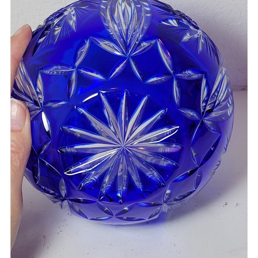 Cobalt Blue Cut-to-Clear Crystal Rose Bowl Made In Poland Vintage - Picture 6 of 6